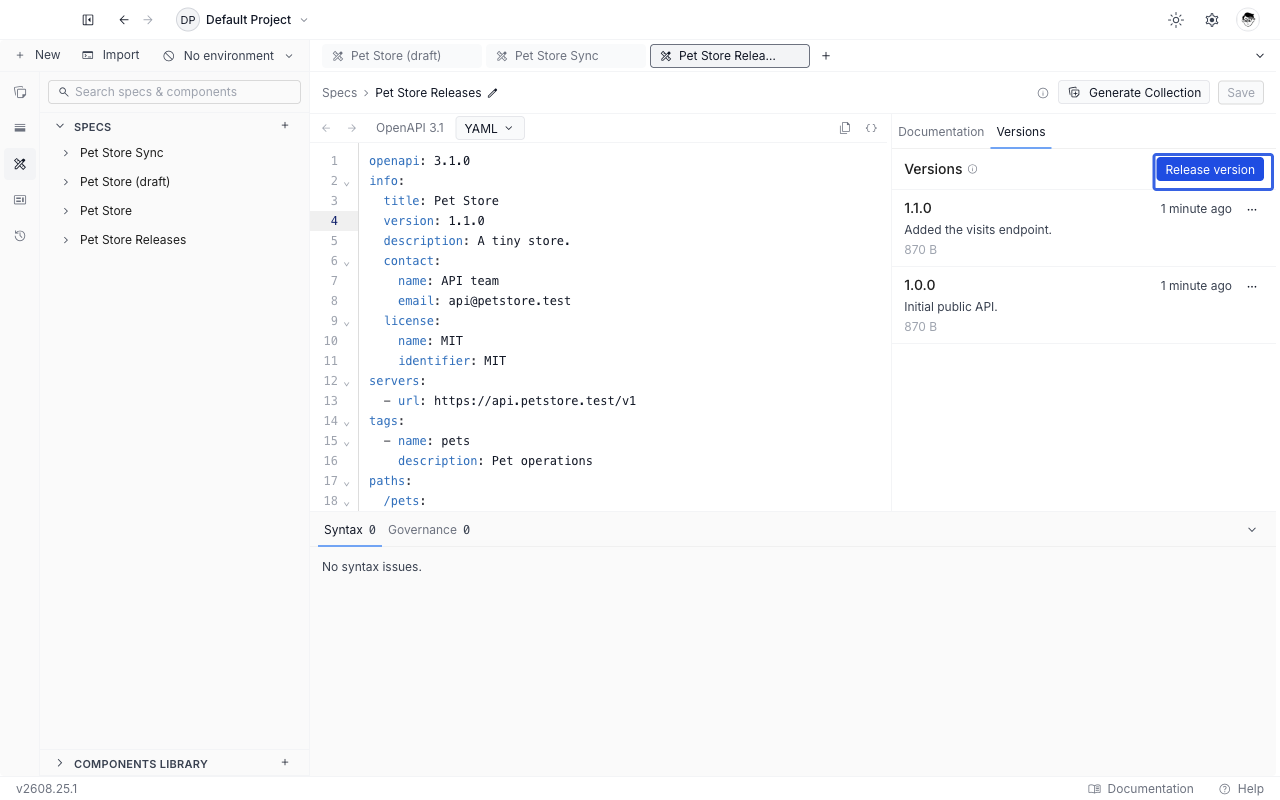 The Versions tab of the spec editor rail listing two released versions with their age, notes and size, and a Release version button in the header