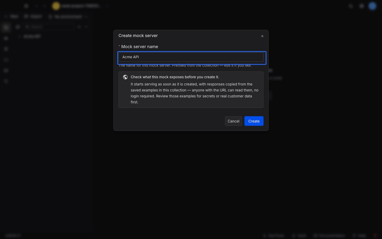 The Create mock server dialog prefilled with the collection name, showing the public exposure notice