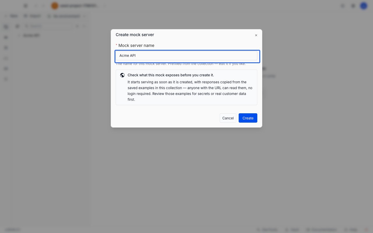 The Create mock server dialog prefilled with the collection name, showing the public exposure notice