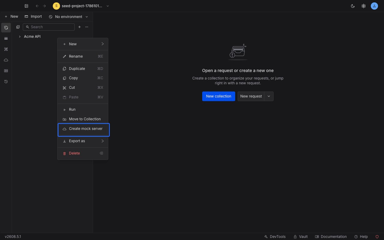 The collection right-click menu in the API Client sidebar with the Create mock server item