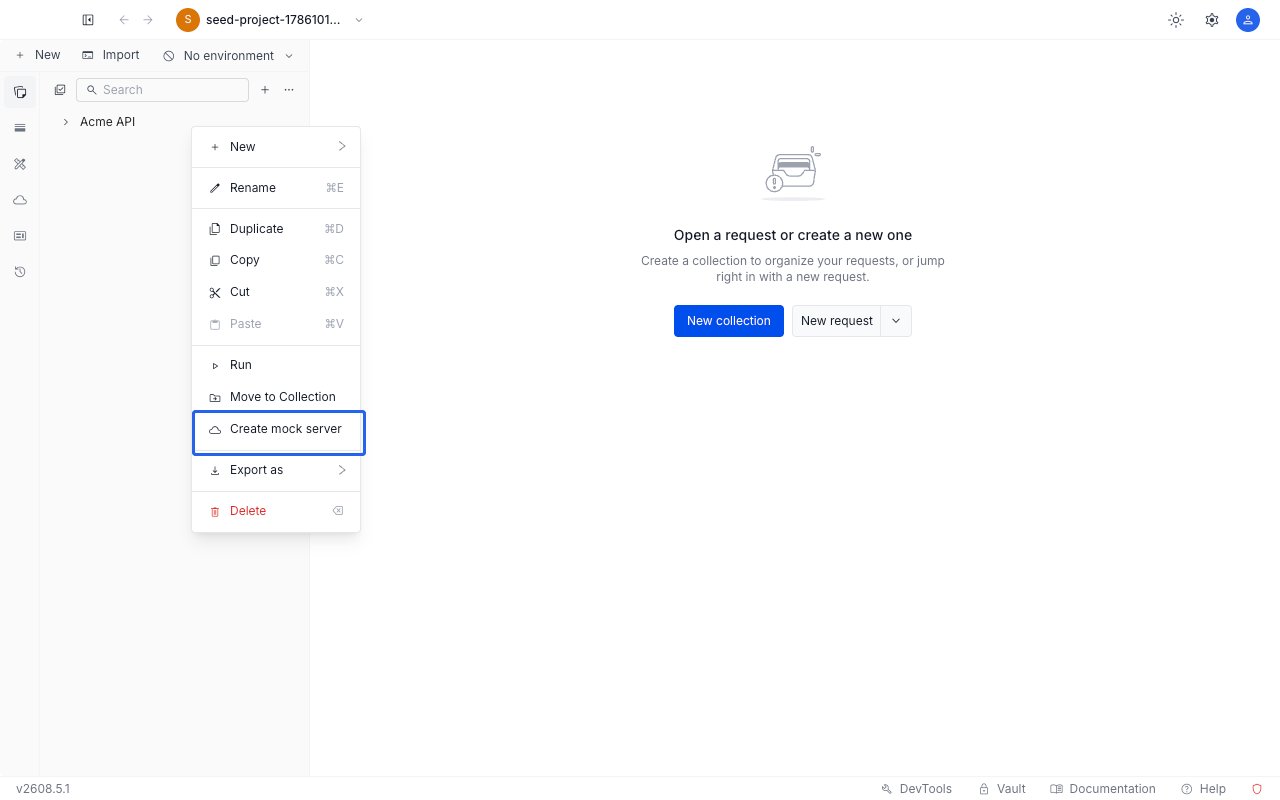 The collection right-click menu in the API Client sidebar with the Create mock server item