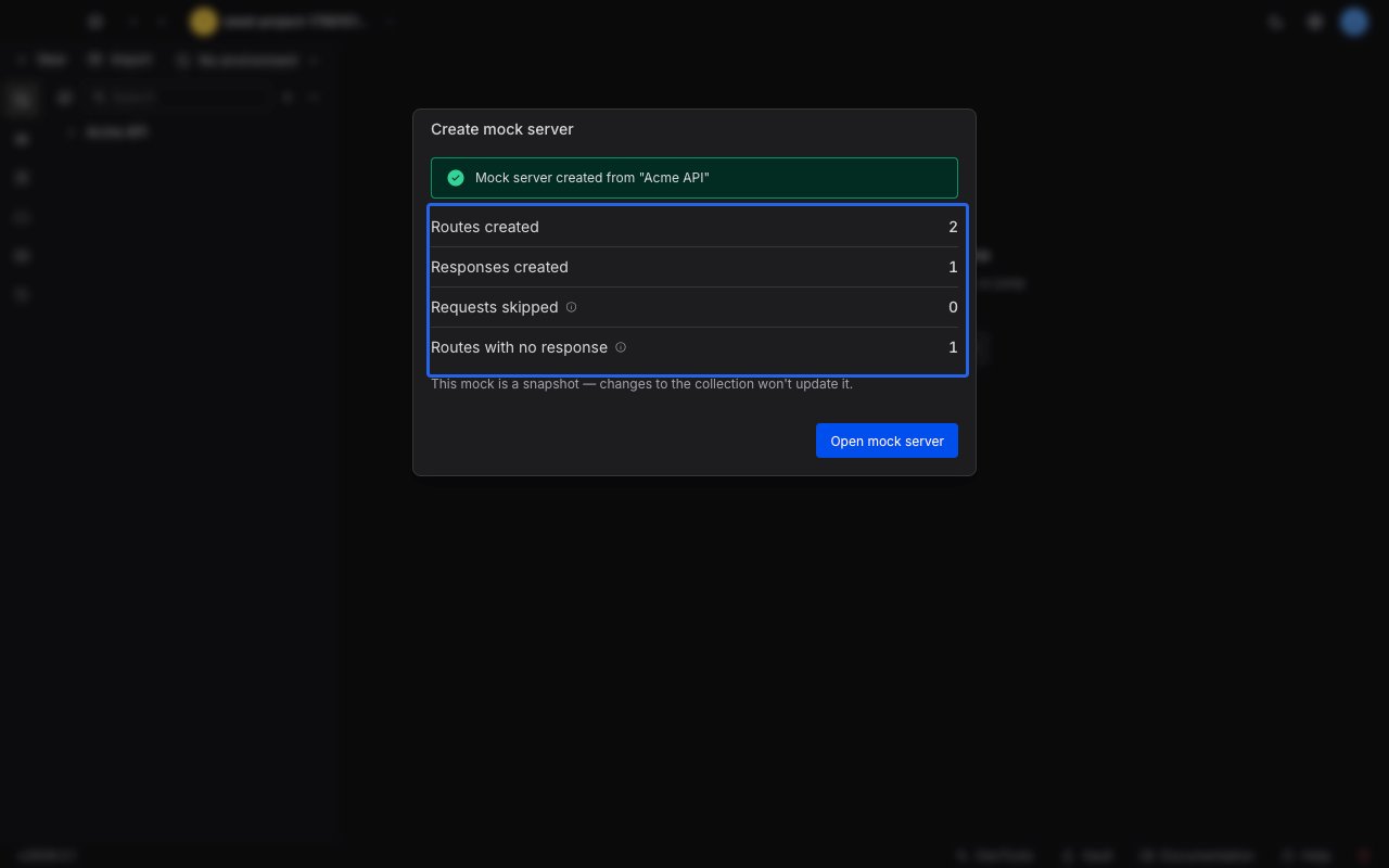 The generation summary in the Create mock server dialog listing routes created, responses created, requests skipped, and routes with no response