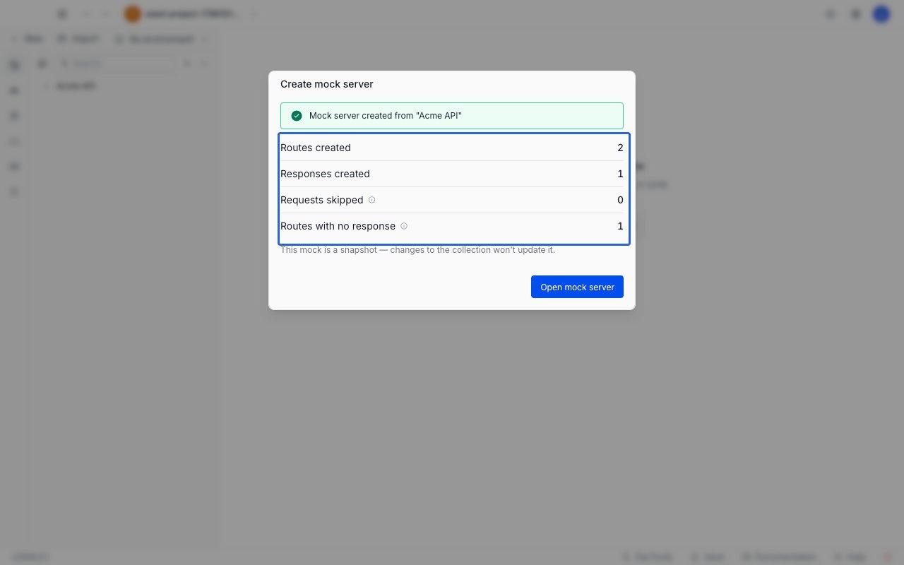 The generation summary in the Create mock server dialog listing routes created, responses created, requests skipped, and routes with no response