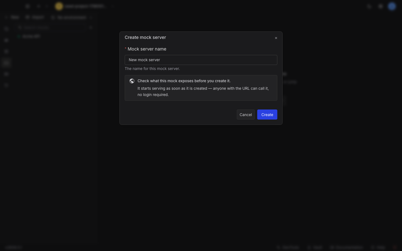 The Create mock server dialog with a name field