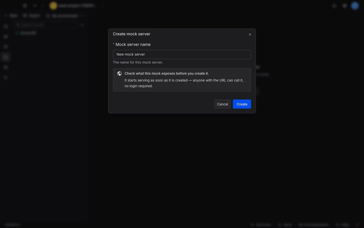 The Create mock server dialog with a name field
