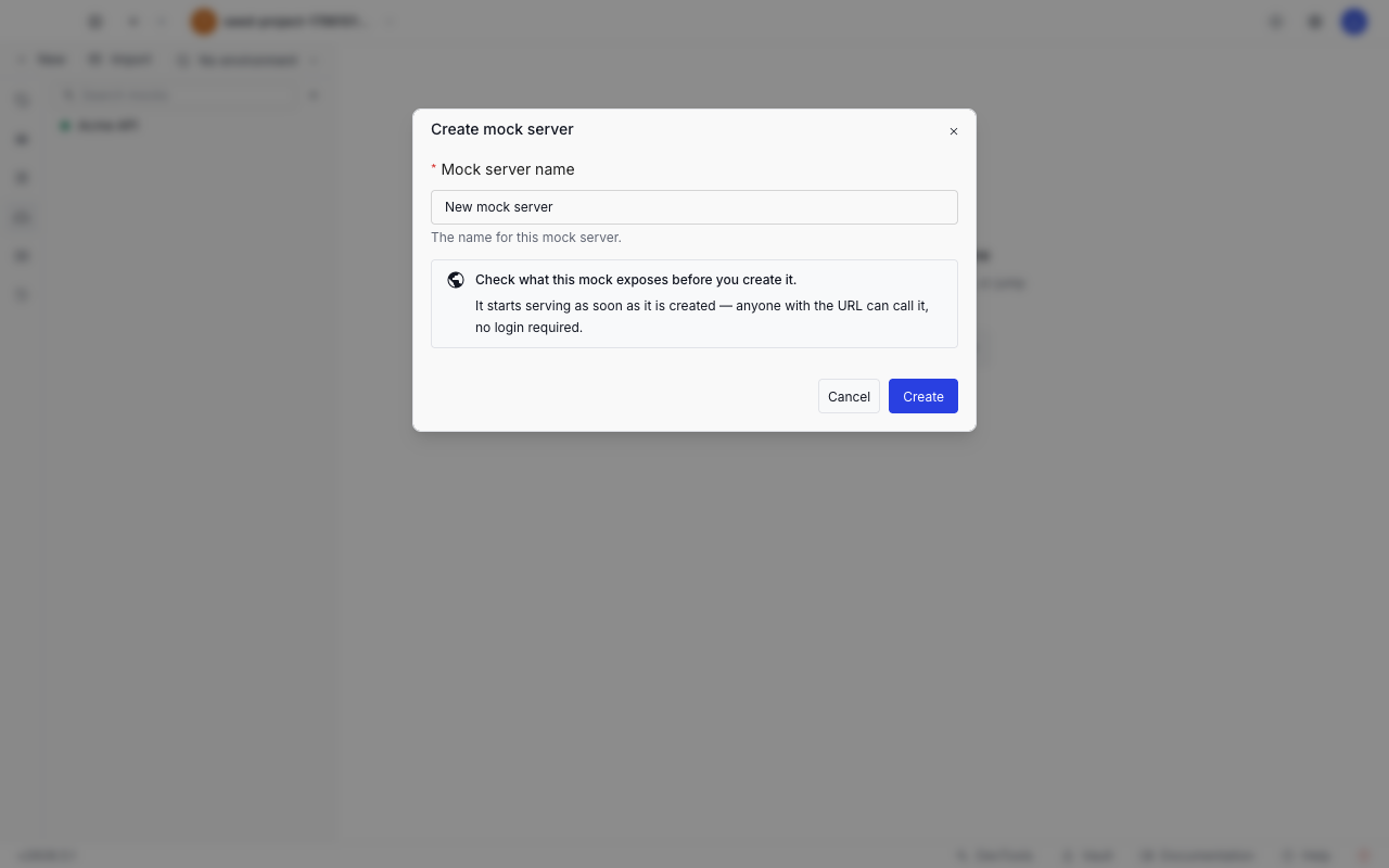 The Create mock server dialog with a name field