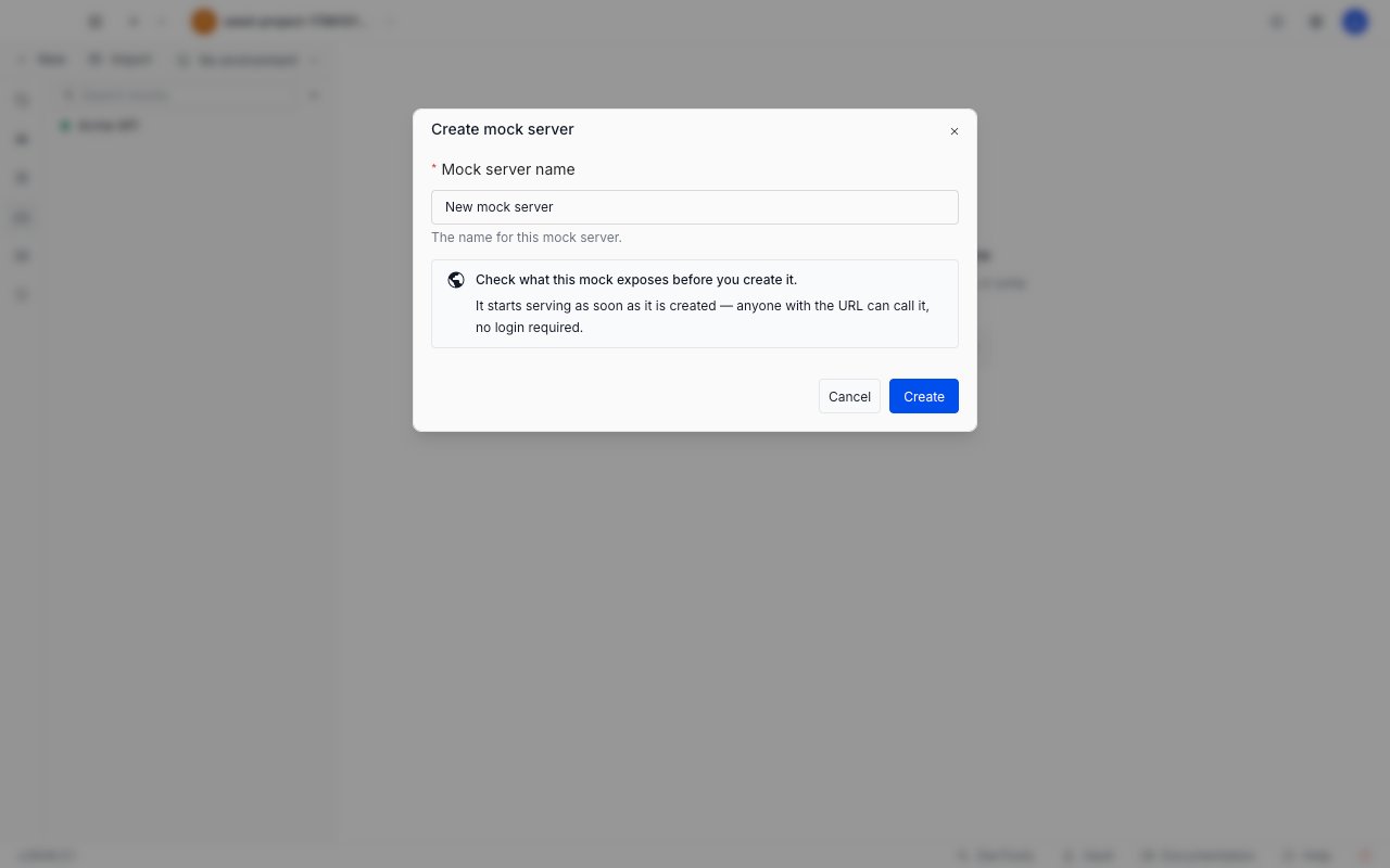 The Create mock server dialog with a name field