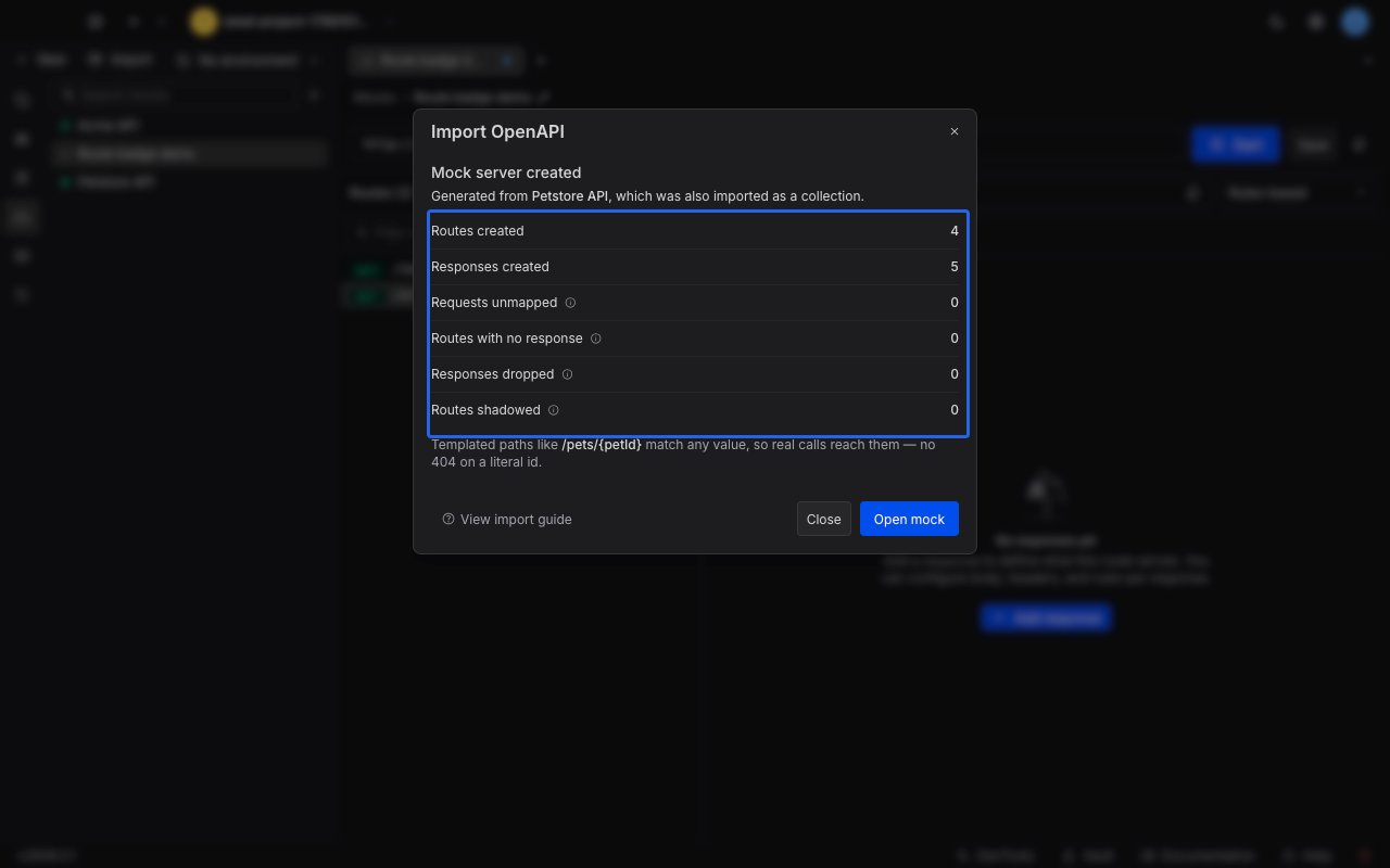The import window showing Mock server created with the counts for routes created, responses created, requests unmapped, routes with no response, responses dropped, and routes shadowed