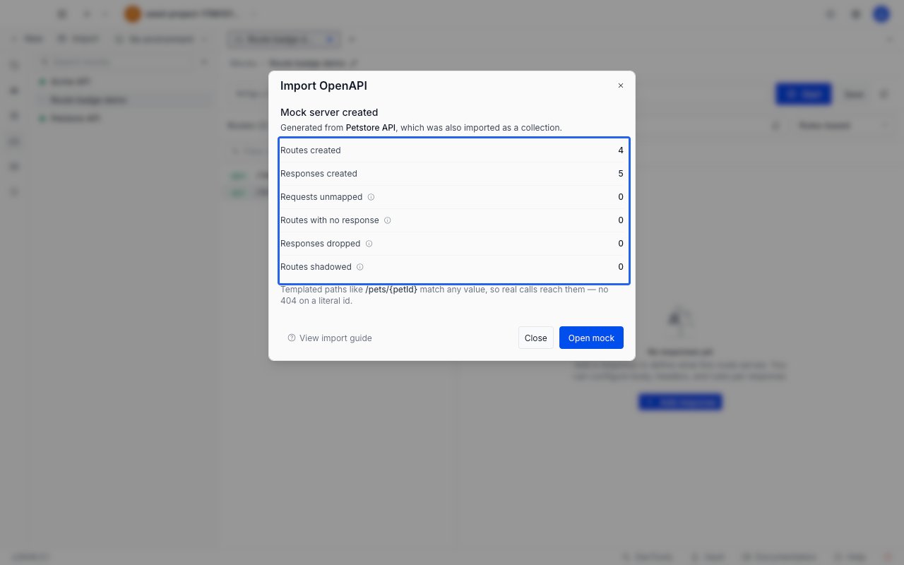 The import window showing Mock server created with the counts for routes created, responses created, requests unmapped, routes with no response, responses dropped, and routes shadowed