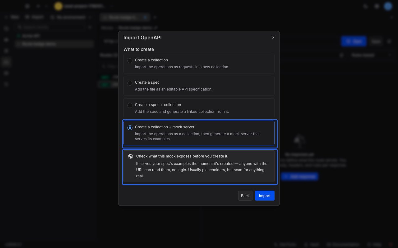 The What to create options in the OpenAPI import preview with Create a collection plus mock server selected and the public exposure notice below it