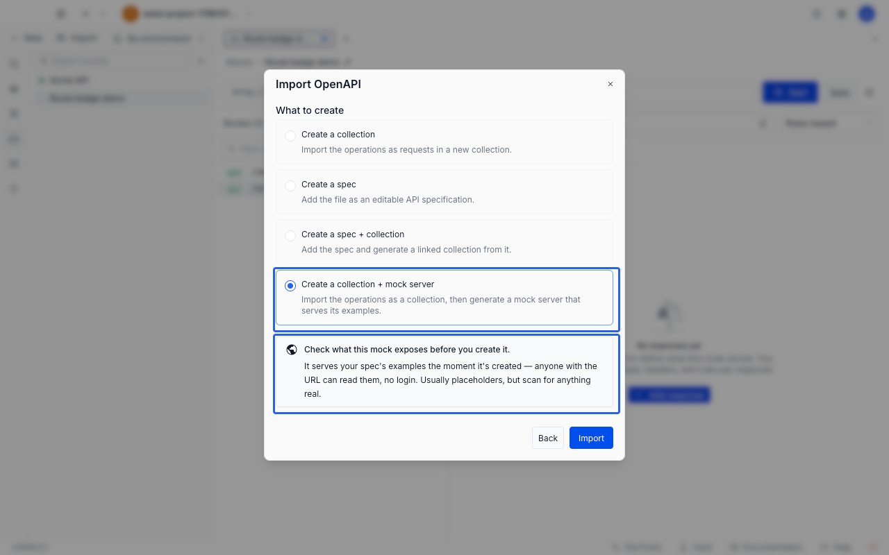 The What to create options in the OpenAPI import preview with Create a collection plus mock server selected and the public exposure notice below it
