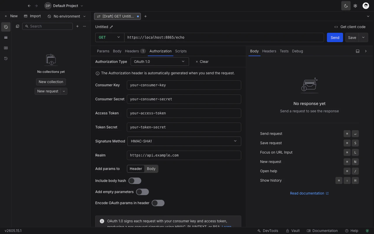OAuth 1.0 form in the Authorization tab with template values for consumer key, consumer secret, access token, token secret, signature method, and realm.