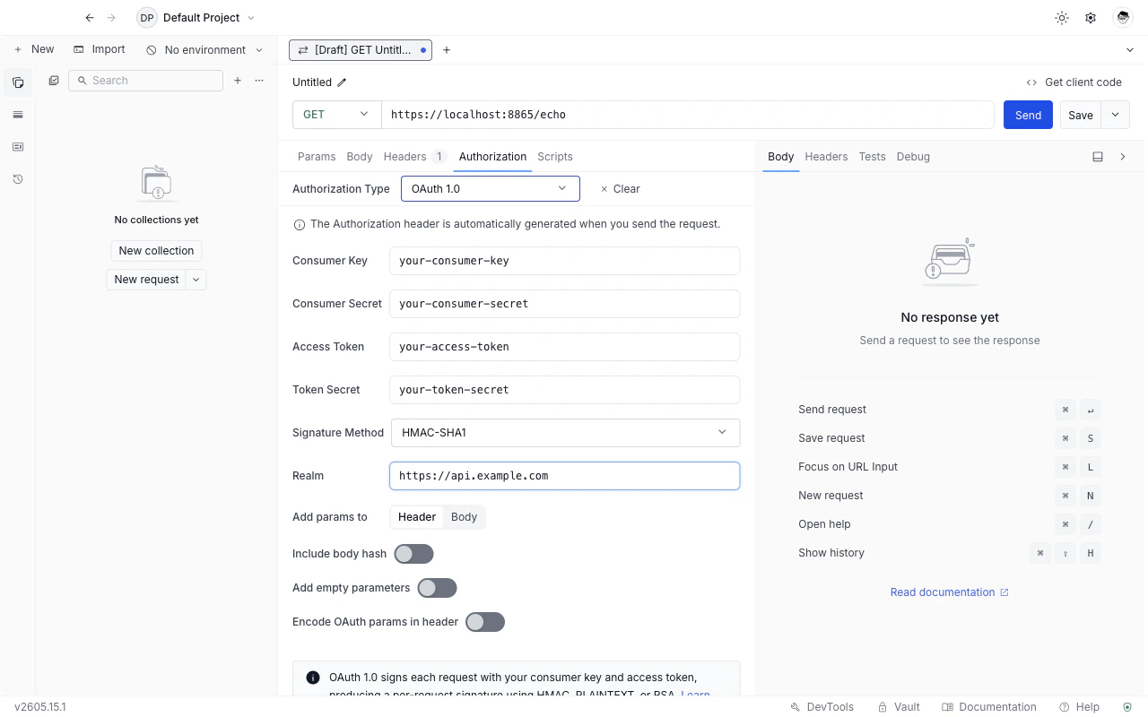 OAuth 1.0 form in the Authorization tab with template values for consumer key, consumer secret, access token, token secret, signature method, and realm.