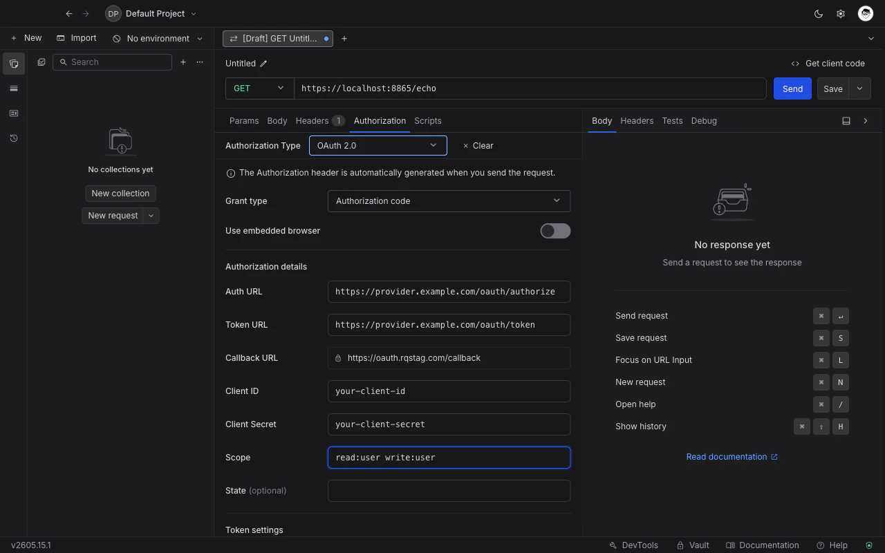 OAuth 2.0 form in the Authorization tab showing the Authorization code grant with template values for auth URL, token URL, callback URL, client ID, client secret, and scope.