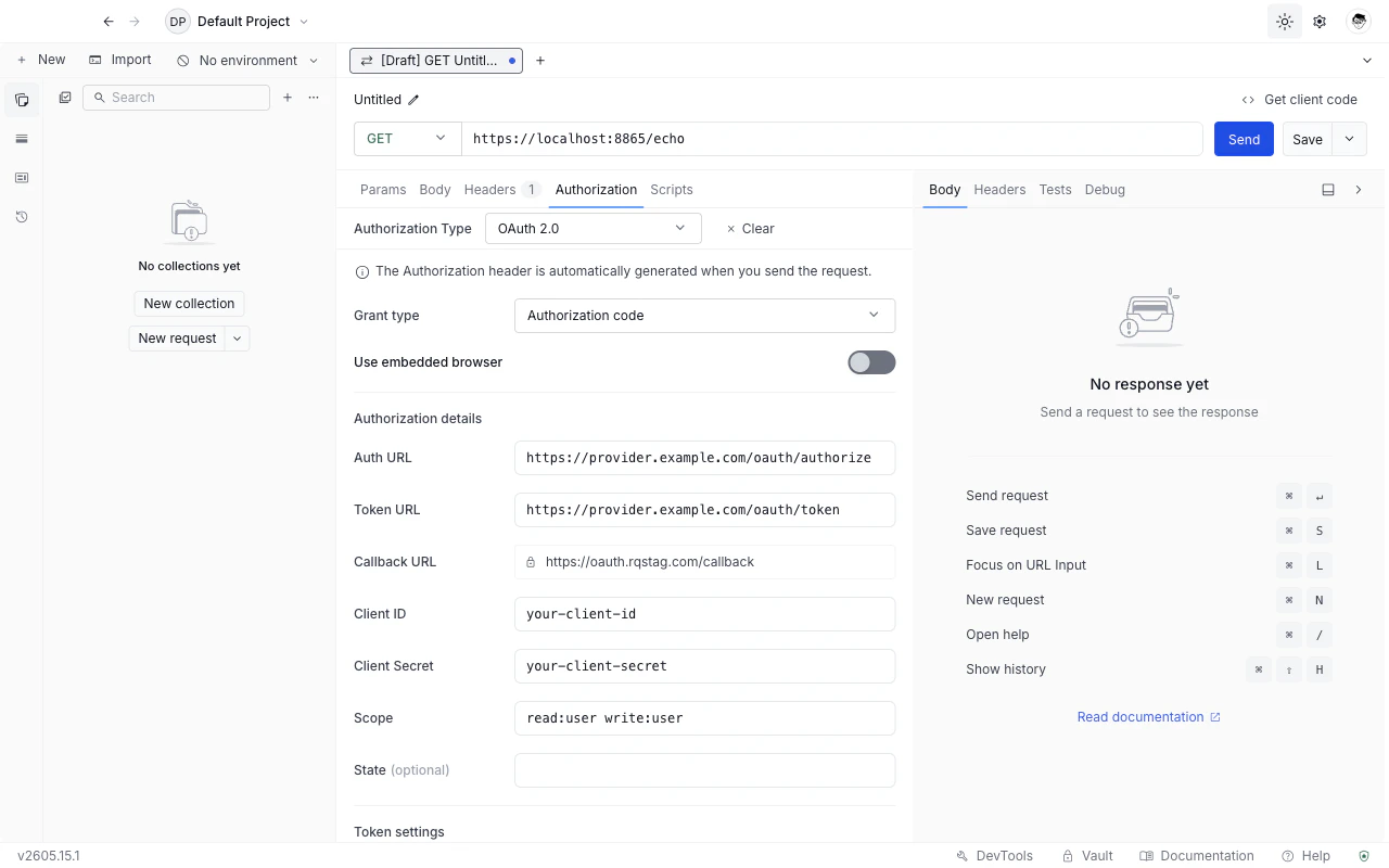 OAuth 2.0 form in the Authorization tab showing the Authorization code grant with template values for auth URL, token URL, callback URL, client ID, client secret, and scope.