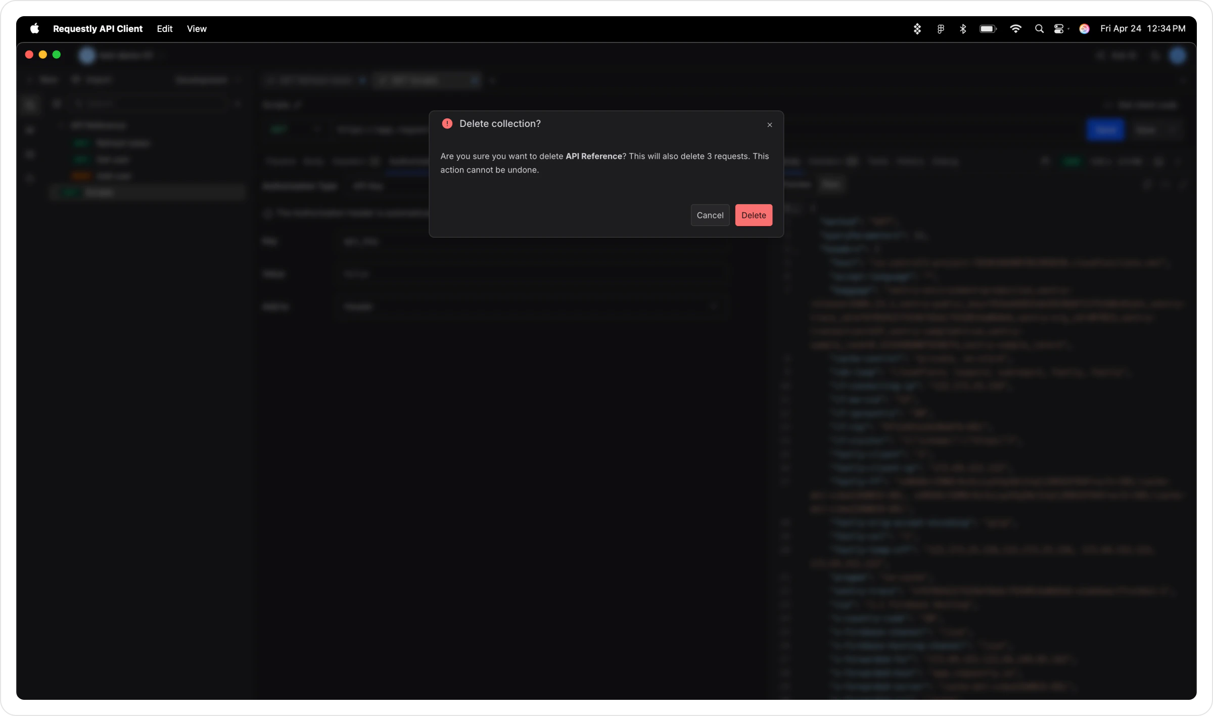 Confirm Delete Collection prompt with buttons labeled Cancel and Delete Collection