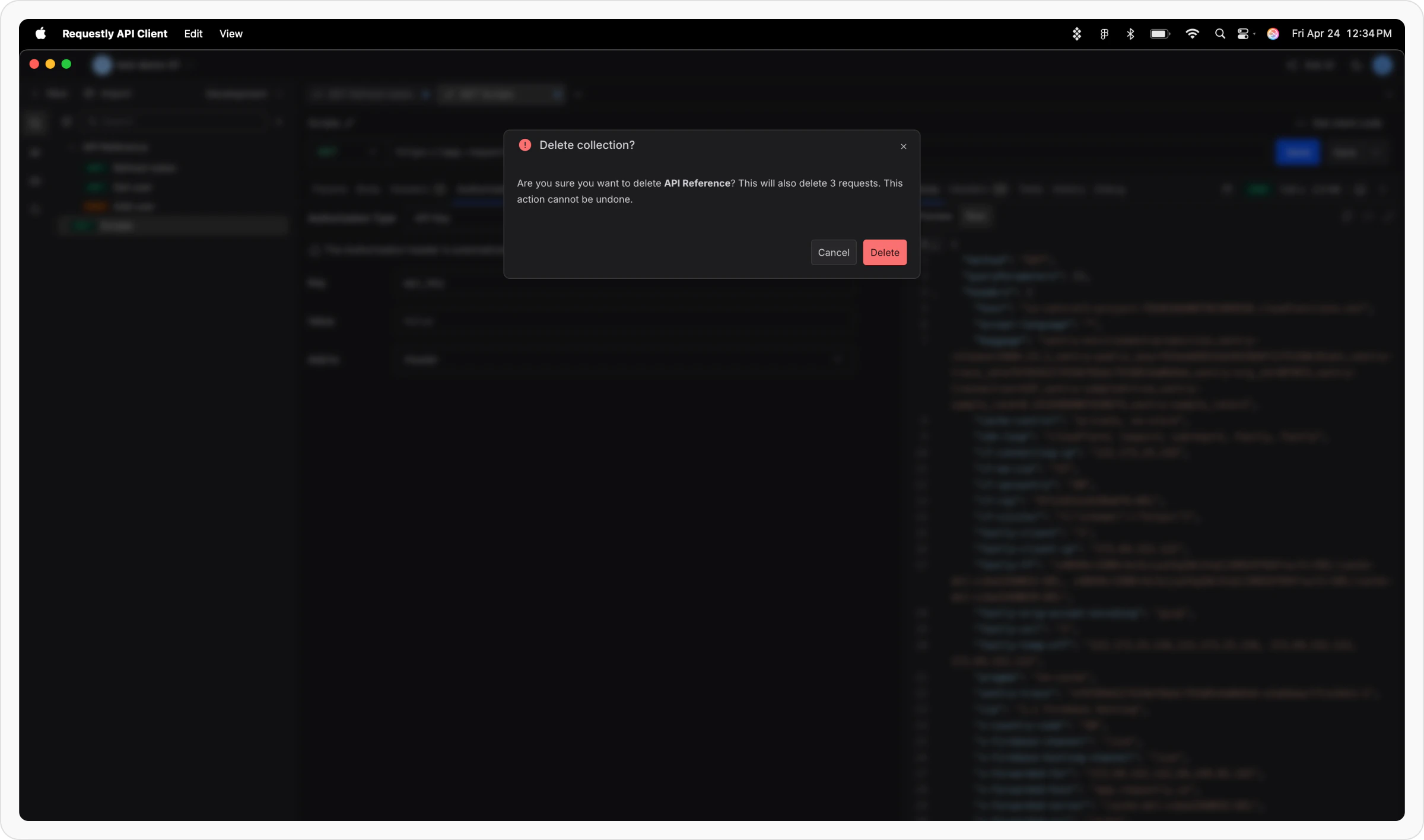 Confirm Delete Collection prompt with buttons labeled Cancel and Delete Collection