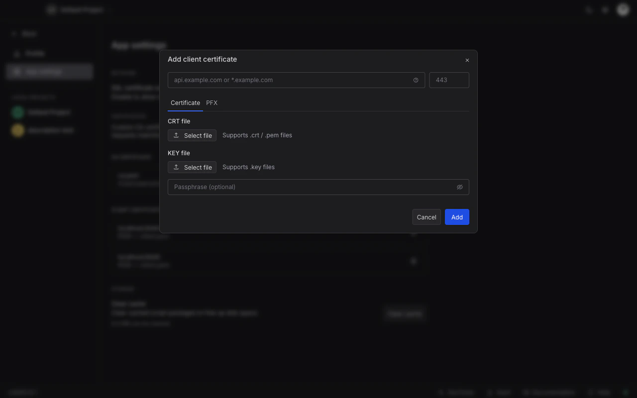 Add Client Certificate dialog with the PEM tab selected, showing fields for host, port, certificate file, key file, and passphrase