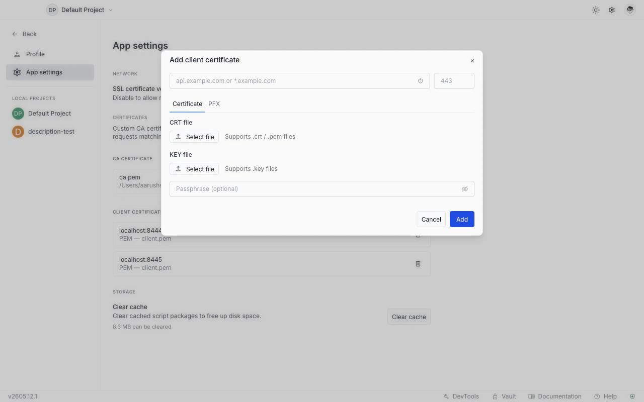 Add Client Certificate dialog with the PEM tab selected, showing fields for host, port, certificate file, key file, and passphrase