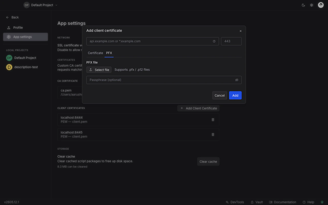 Add Client Certificate dialog with the PFX tab selected, showing fields for host, port, PFX bundle file, and passphrase