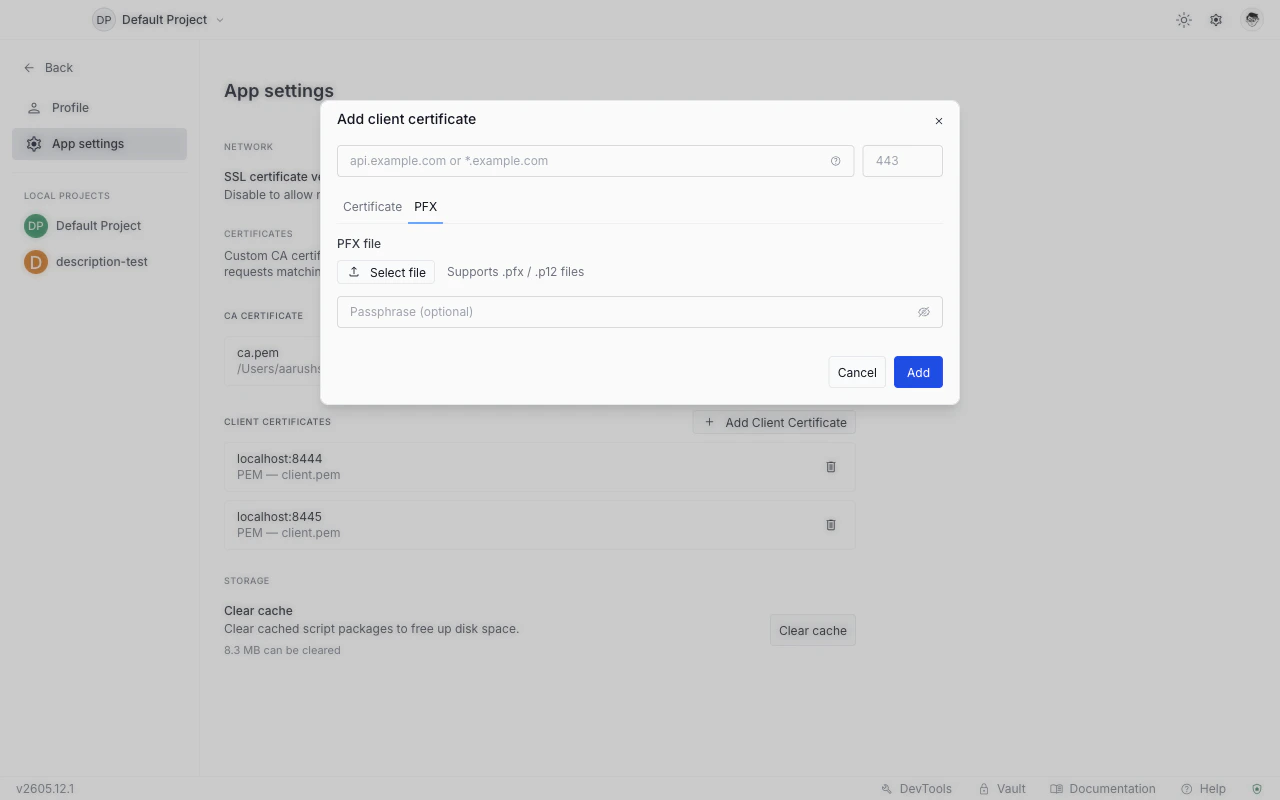 Add Client Certificate dialog with the PFX tab selected, showing fields for host, port, PFX bundle file, and passphrase