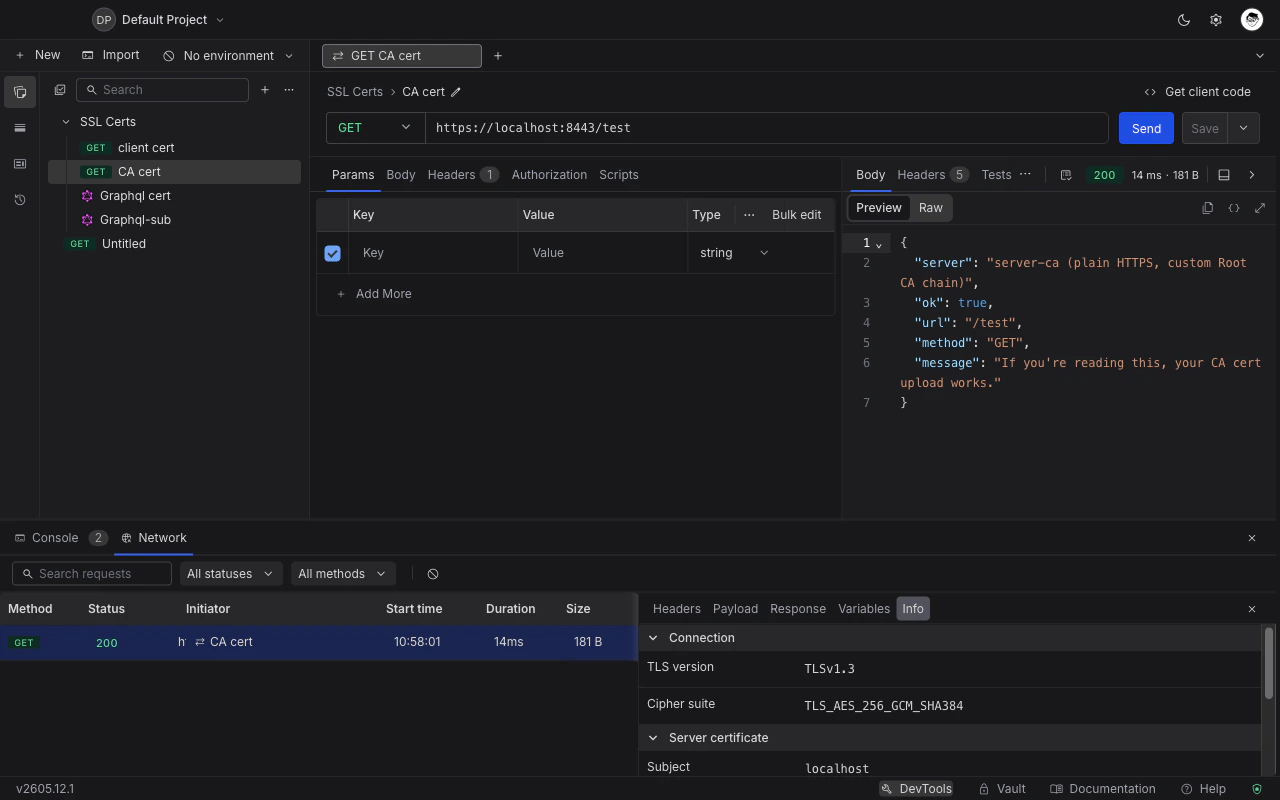 DevTools Network Info tab showing TLS version, cipher suite, server certificate details, and the matched client certificate rule with SHA-256 fingerprint