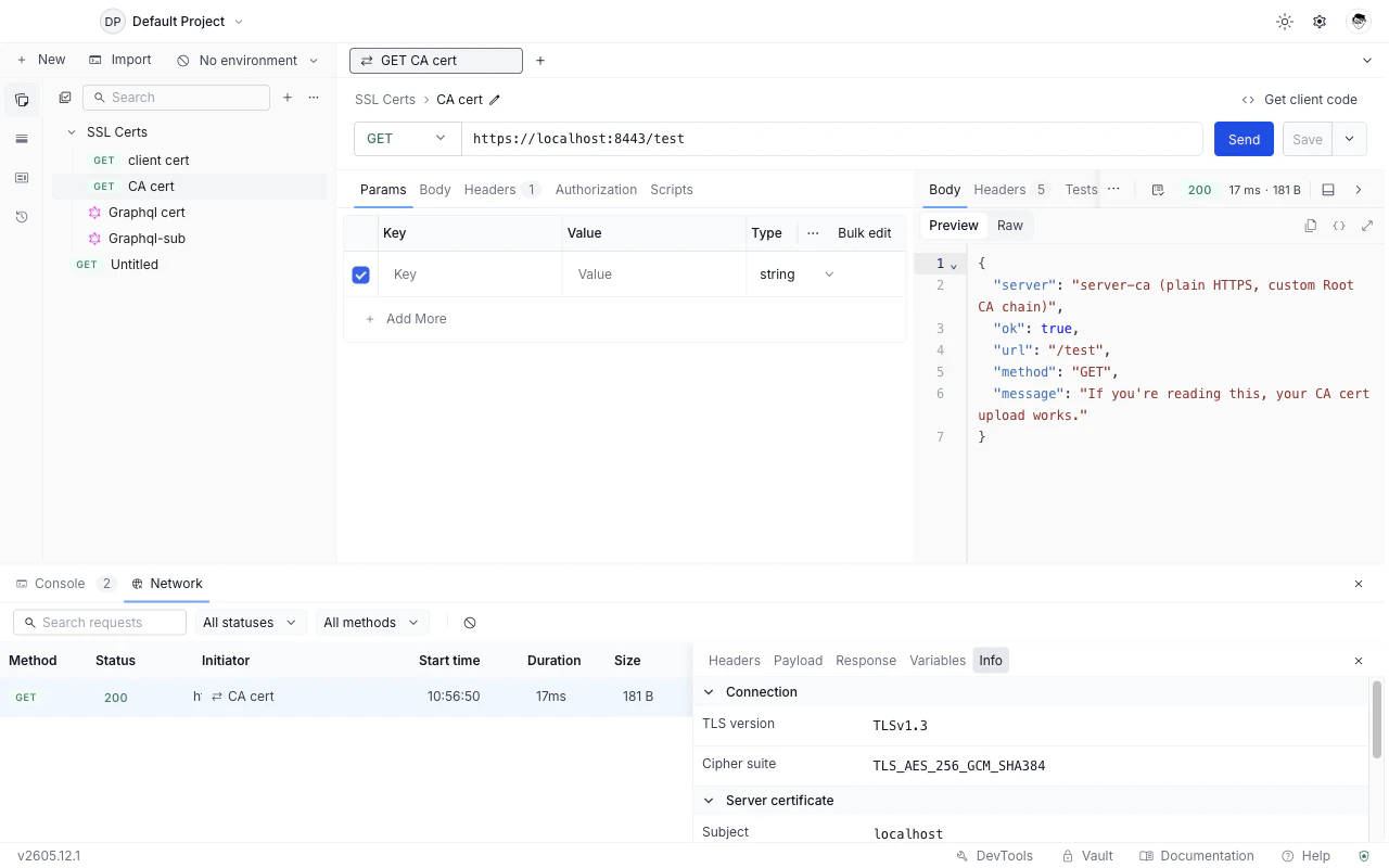 DevTools Network Info tab showing TLS version, cipher suite, server certificate details, and the matched client certificate rule with SHA-256 fingerprint