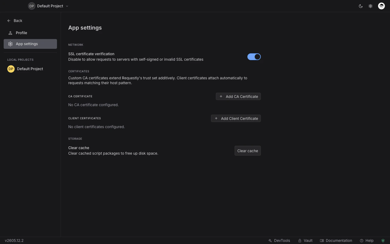 App Settings Certificates section with the CA Certificate and Client Certificates panels