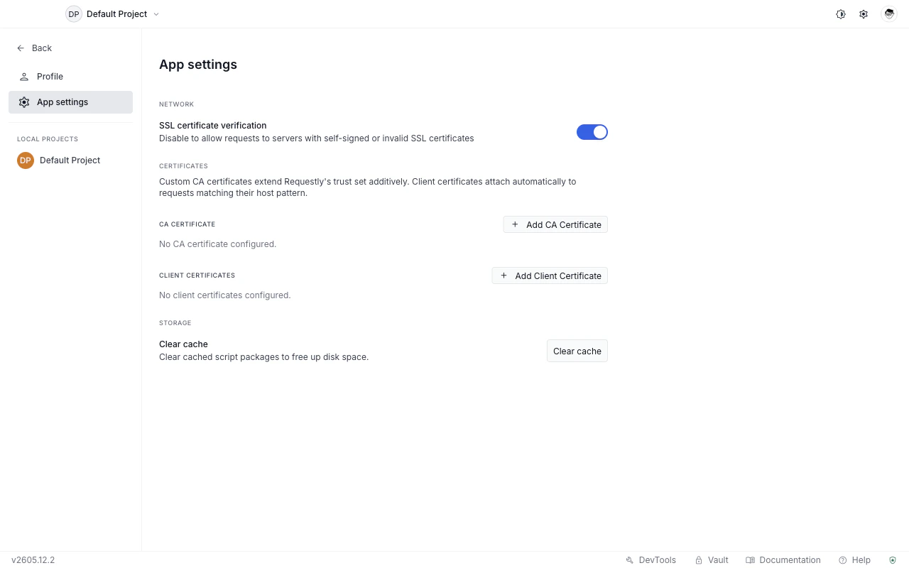 App Settings Certificates section with the CA Certificate and Client Certificates panels