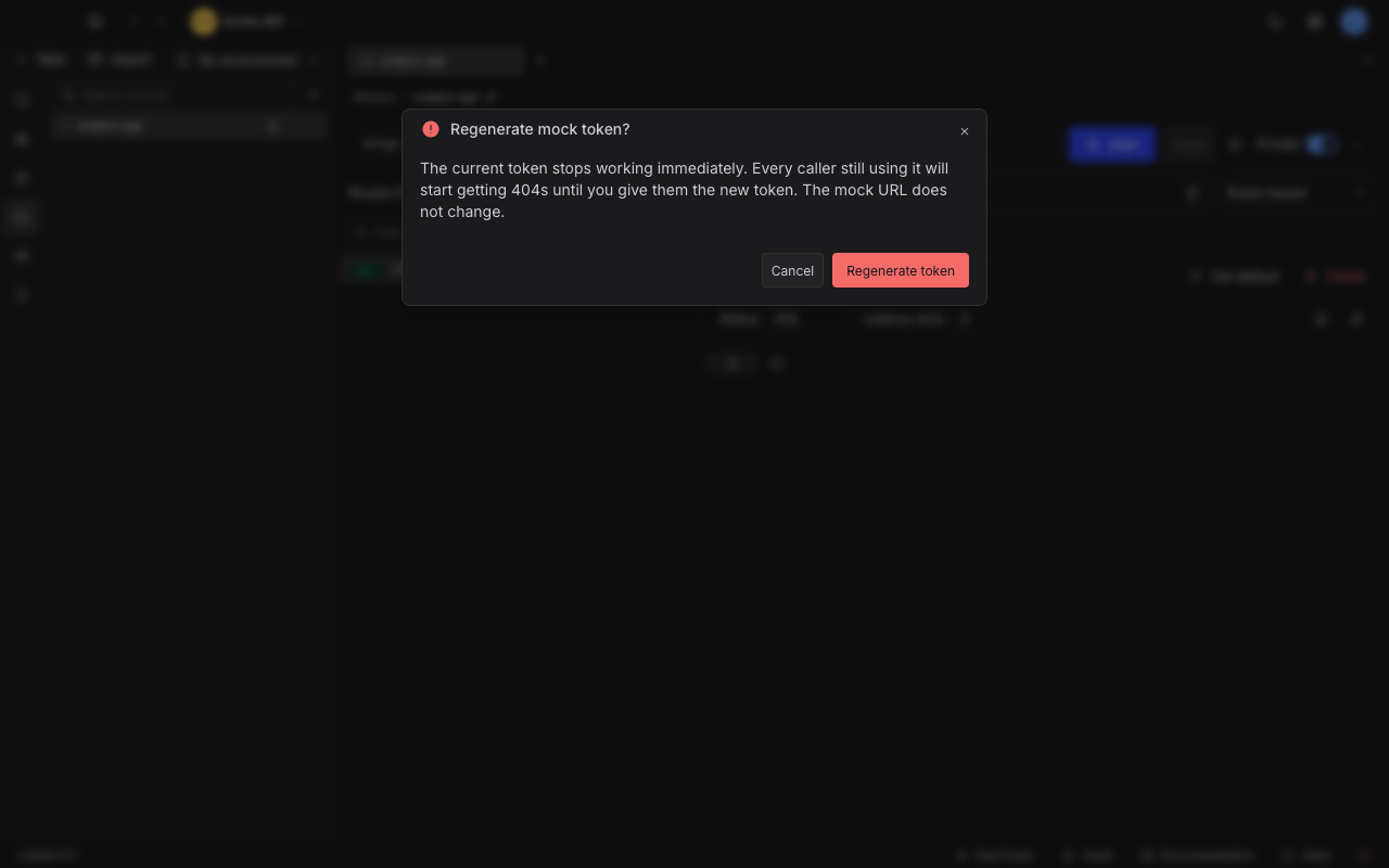 The Regenerate mock token confirmation dialog warning that the current token stops working immediately