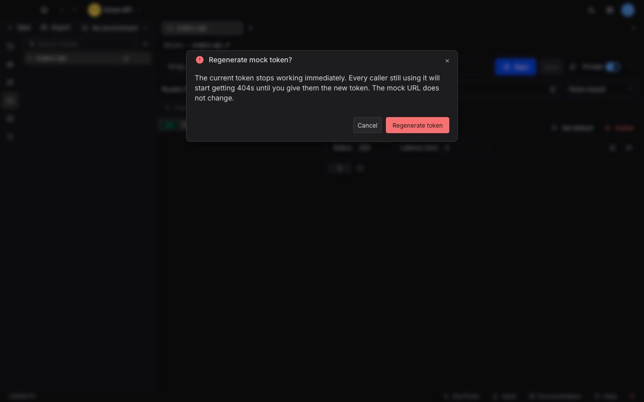 The Regenerate mock token confirmation dialog warning that the current token stops working immediately