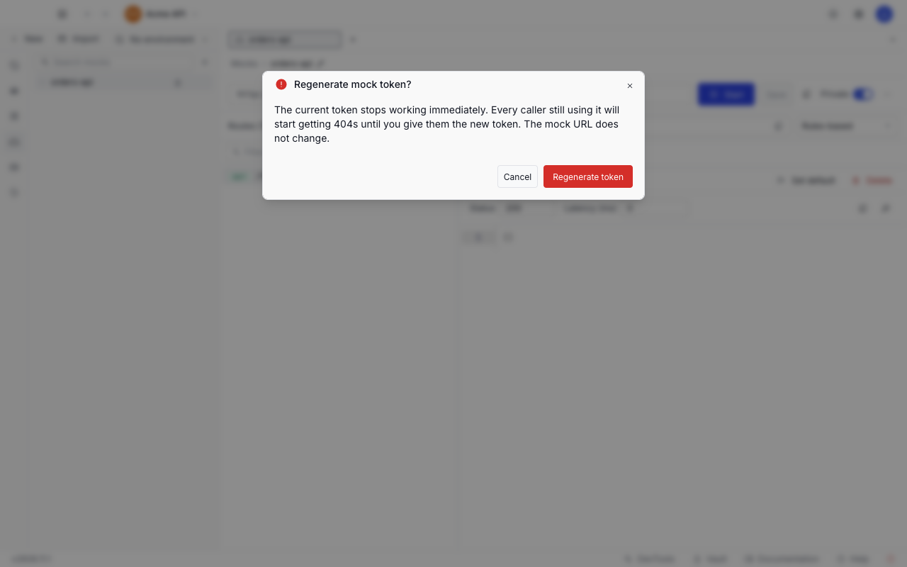 The Regenerate mock token confirmation dialog warning that the current token stops working immediately
