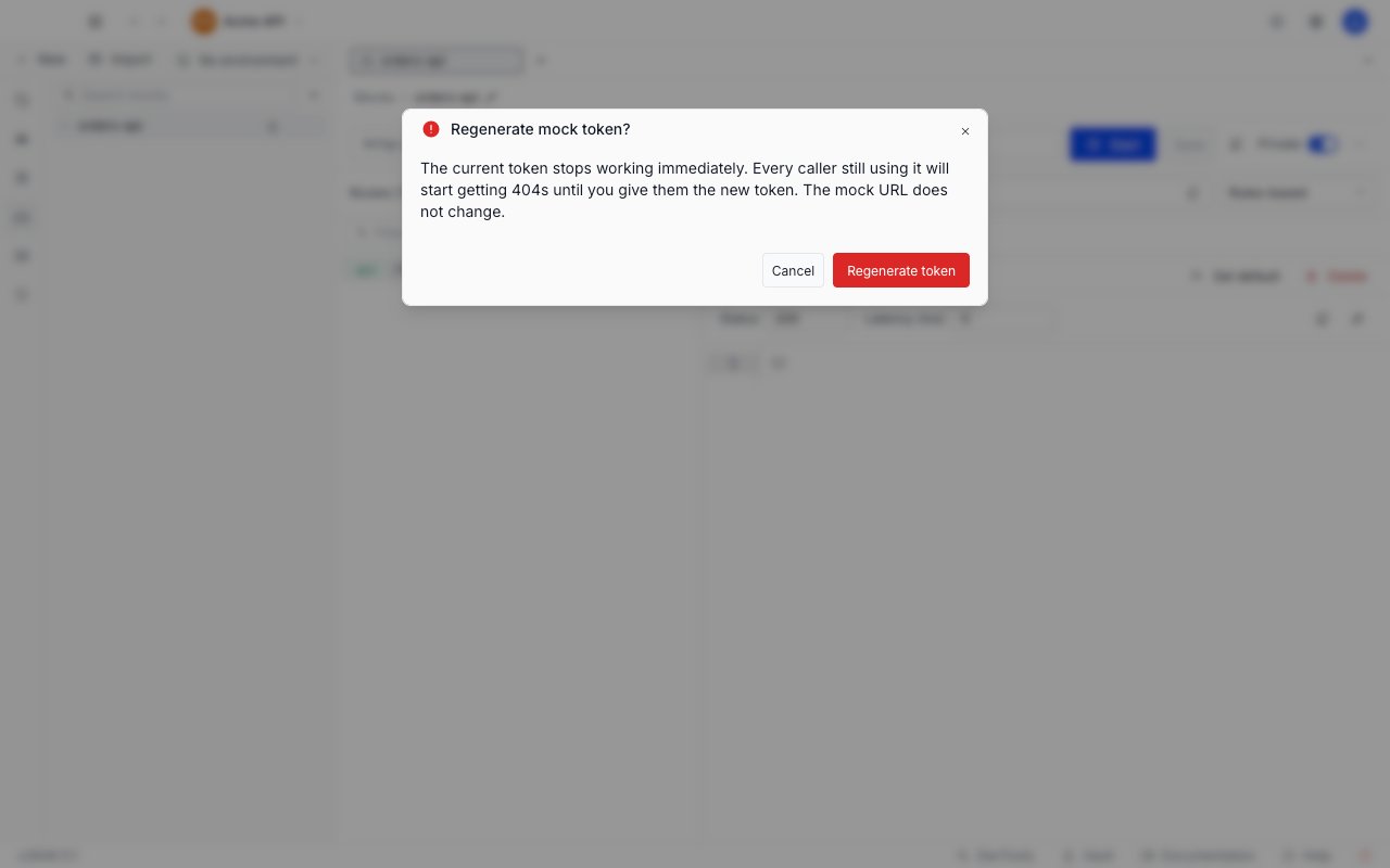 The Regenerate mock token confirmation dialog warning that the current token stops working immediately