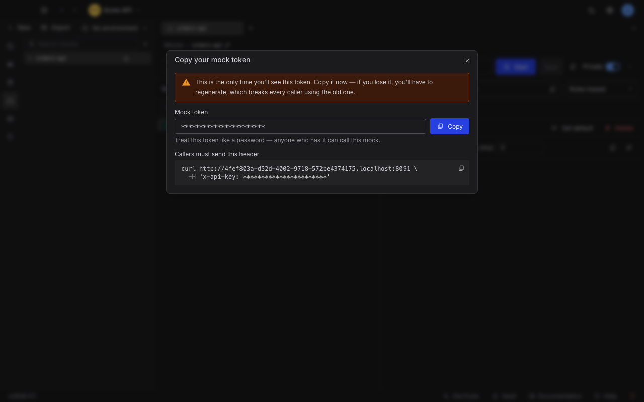 The Copy your mock token dialog showing the generated token, a copy button, and the curl command callers must send