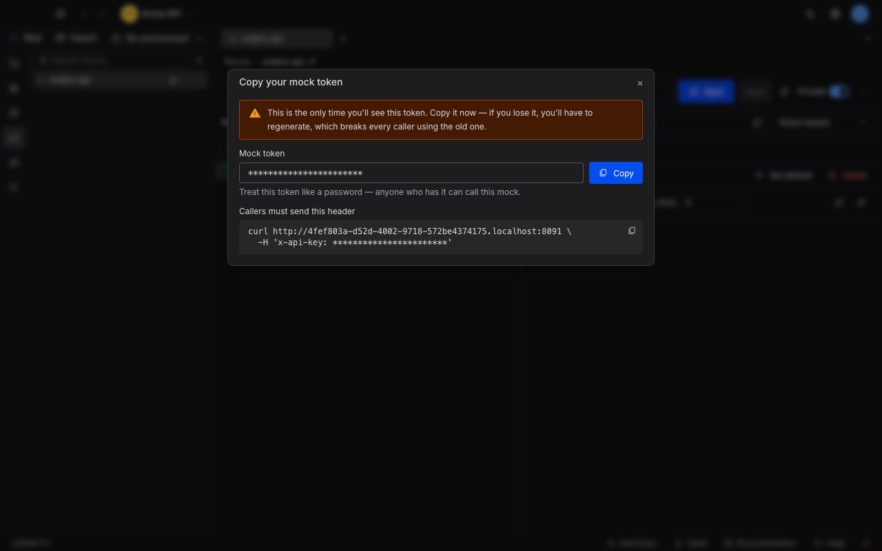 The Copy your mock token dialog showing the generated token, a copy button, and the curl command callers must send