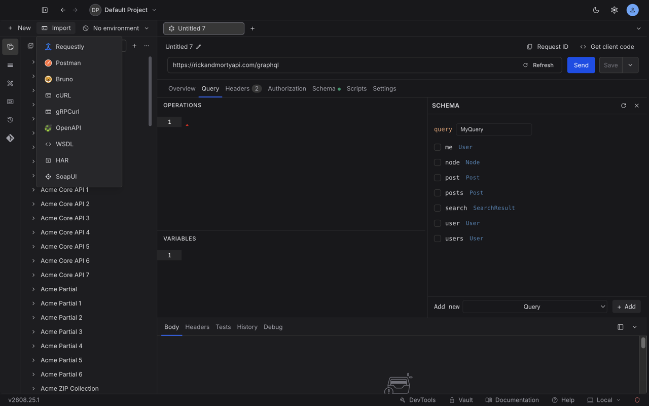 Import menu in the API Client sidebar listing Requestly, Postman, Bruno, cURL, gRPCurl, OpenAPI, WSDL, HAR and SoapUI.