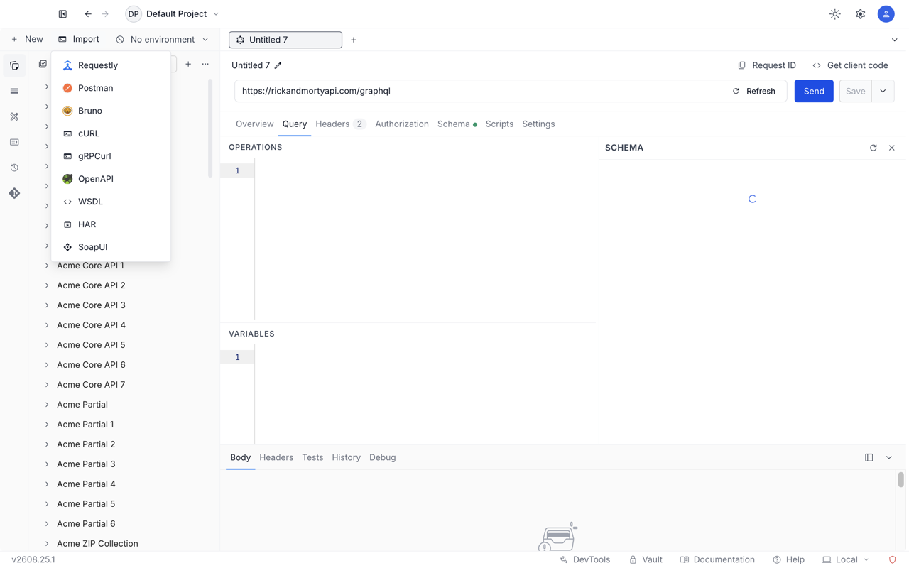 Import menu in the API Client sidebar listing Requestly, Postman, Bruno, cURL, gRPCurl, OpenAPI, WSDL, HAR and SoapUI.