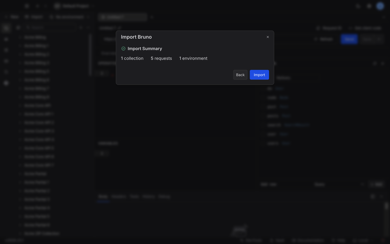 Import summary listing one collection, five requests and one environment, with Back and Import buttons.