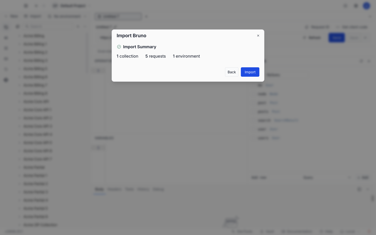 Import summary listing one collection, five requests and one environment, with Back and Import buttons.