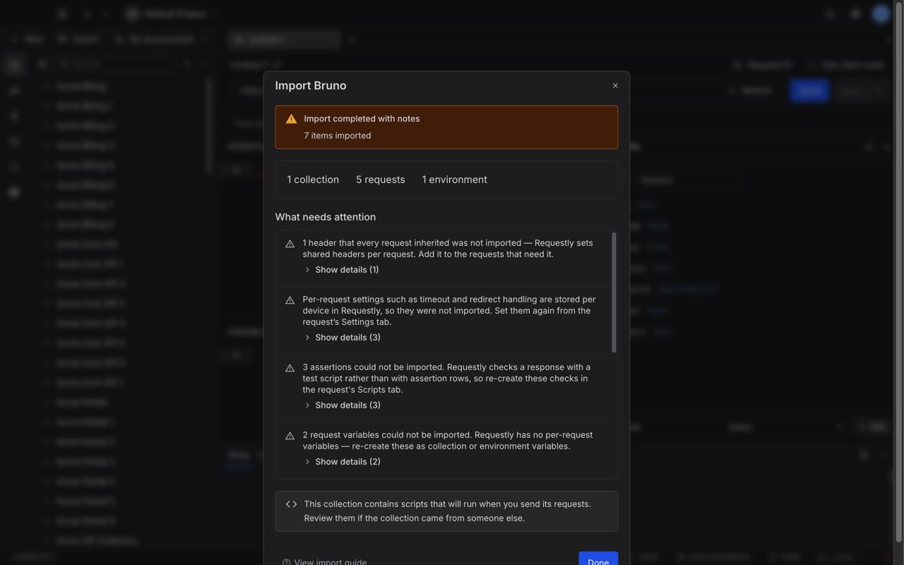 Import completed with notes, showing seven items imported and a What needs attention list with an expandable detail toggle.