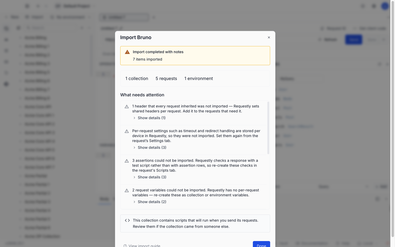 Import completed with notes, showing seven items imported and a What needs attention list with an expandable detail toggle.