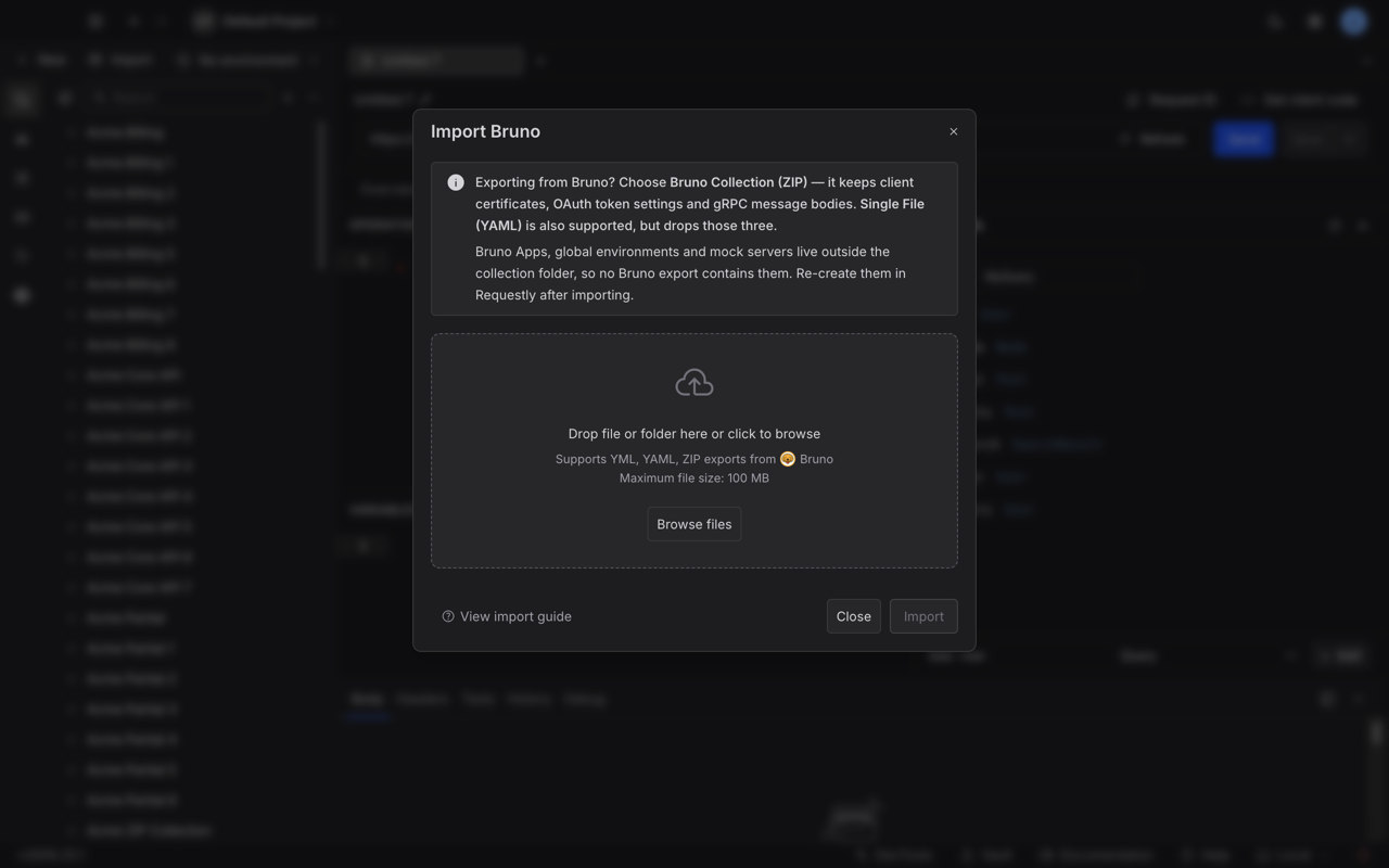Import Bruno dialog showing guidance to choose the Bruno Collection ZIP export, above a file drop zone.