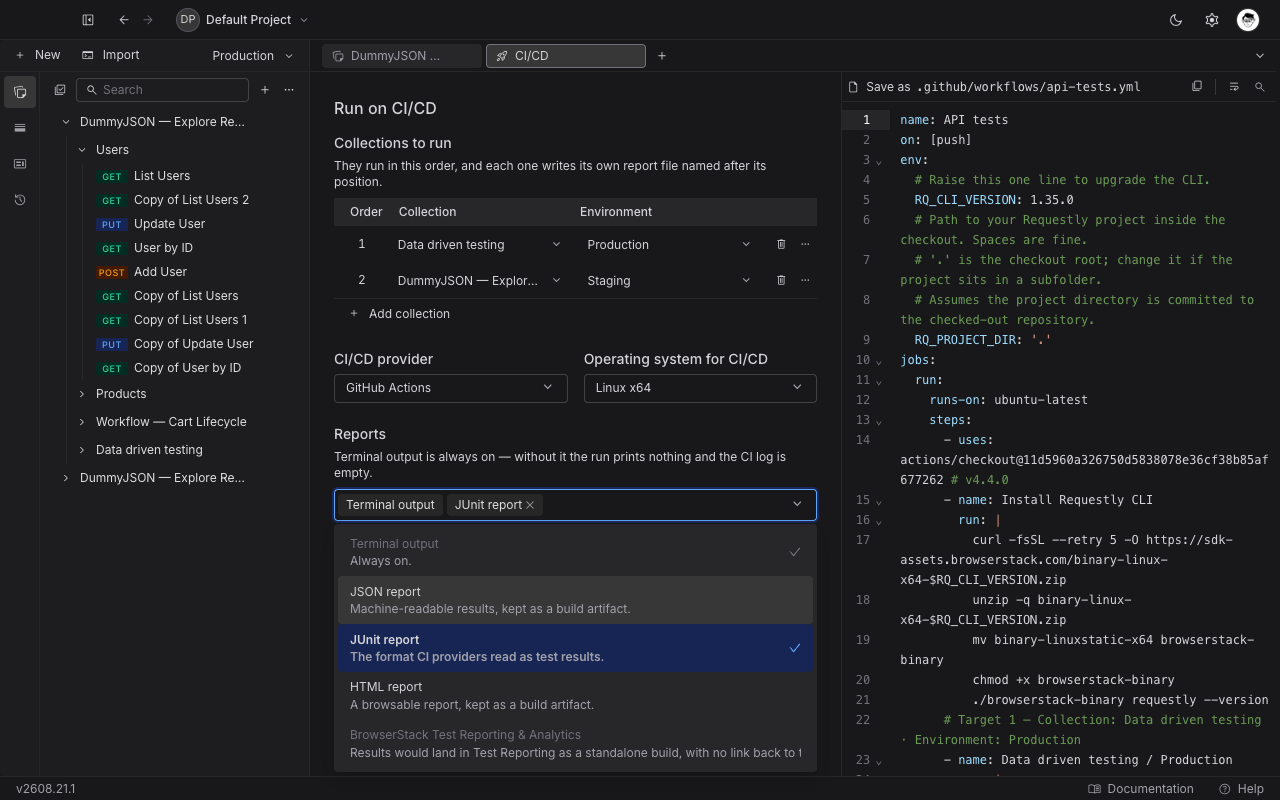 The Reports multi-select in the Run on CI/CD generator, open to show the five report options with their descriptions and the locked Terminal output entry.
