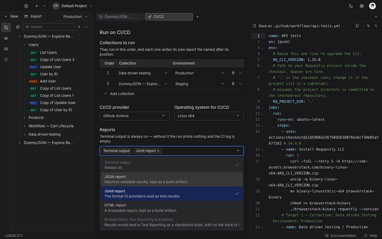 The Reports multi-select in the Run on CI/CD generator, open to show the five report options with their descriptions and the locked Terminal output entry.