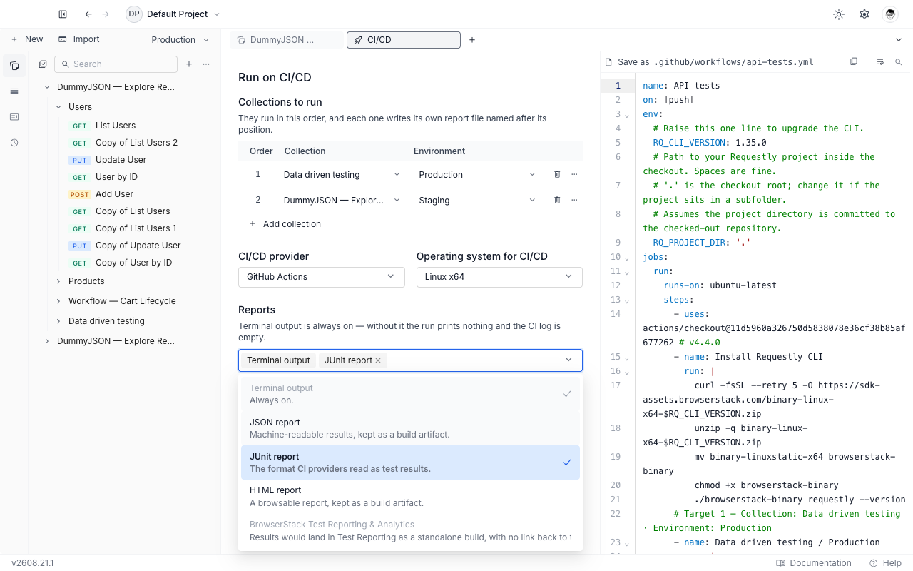 The Reports multi-select in the Run on CI/CD generator, open to show the five report options with their descriptions and the locked Terminal output entry.