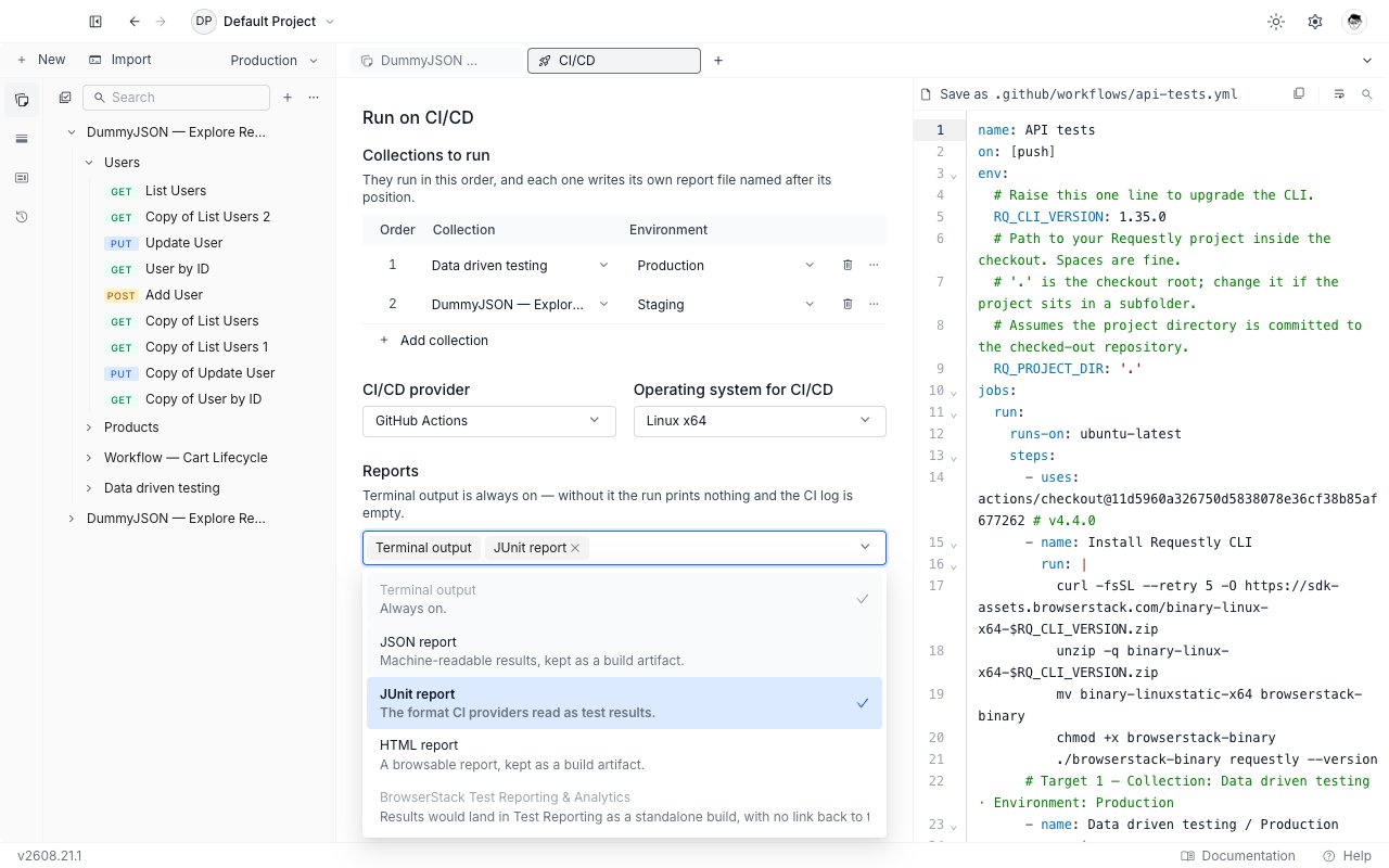 The Reports multi-select in the Run on CI/CD generator, open to show the five report options with their descriptions and the locked Terminal output entry.