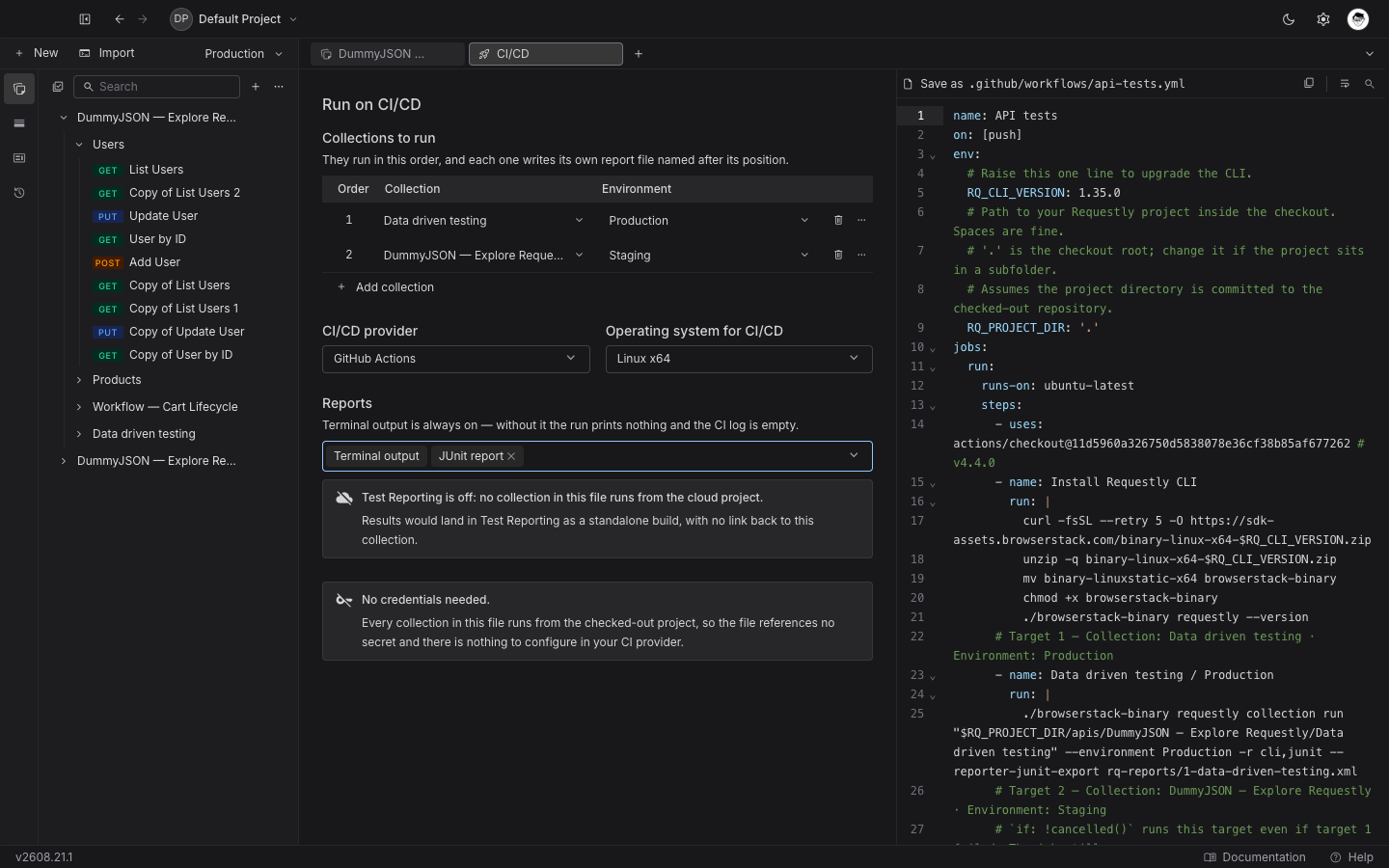 The Run on CI/CD generator, with the collections table, provider, operating system, and reports controls on the left and the generated pipeline file previewed on the right.