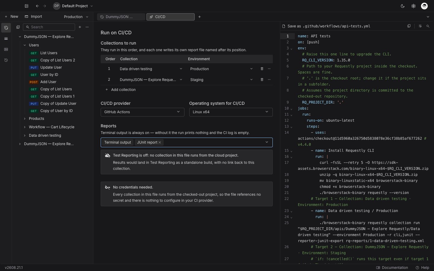 The Run on CI/CD generator, with the collections table, provider, operating system, and reports controls on the left and the generated pipeline file previewed on the right.