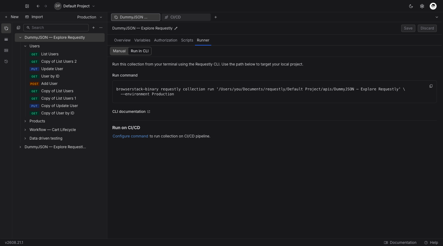 The Run in CLI sub-tab of a collection's Runner tab, showing the generated CLI command and the Run on CI/CD section at the bottom.