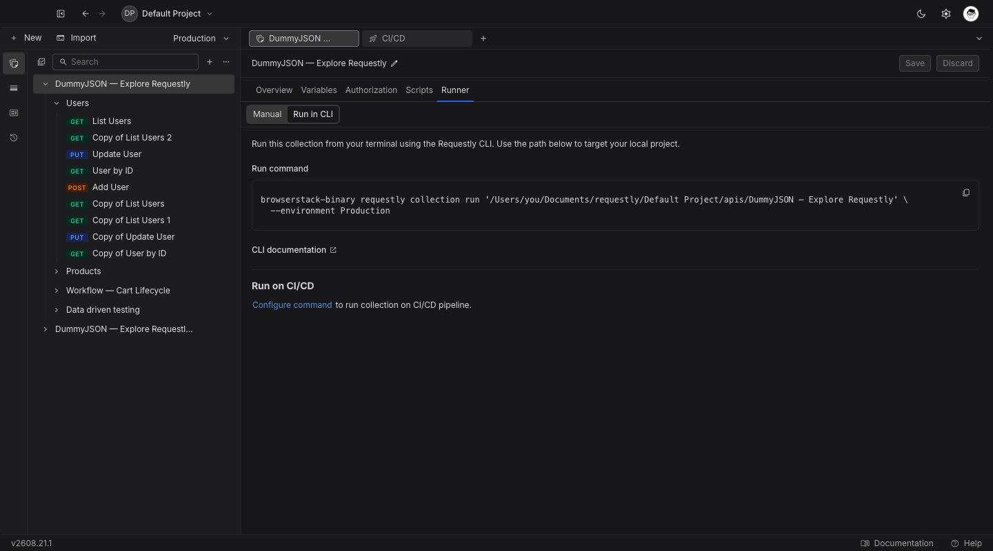The Run in CLI sub-tab of a collection's Runner tab, showing the generated CLI command and the Run on CI/CD section at the bottom.